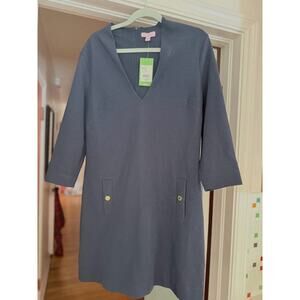 NWT Lilly Pulitzer Charlena Shift Dress XL Navy Textured V Neck 3/4 Sleeve $168